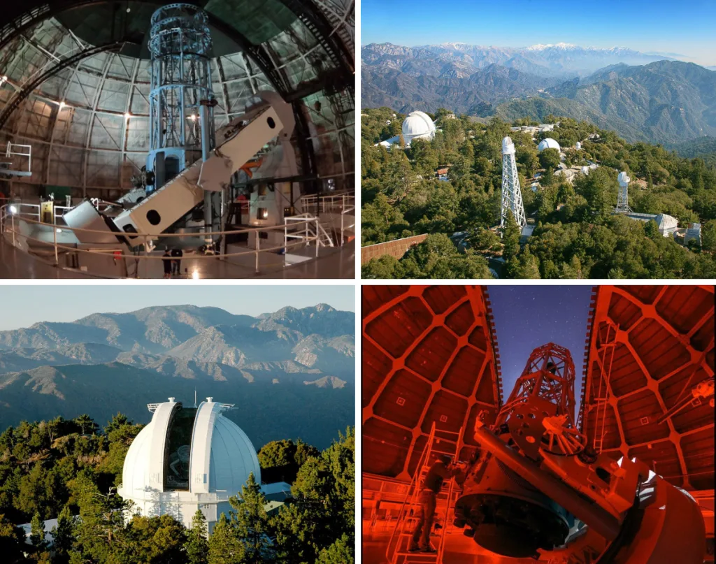 Collage of four images showcasing Mount Wilson Observatory. Includes interior views of telescope domes, an aerial shot of the observatory complex nestled in forested mountains, and close-ups of telescopes under open domes and red lighting—highlighting both the natural setting and advanced astronomical instrumentation.